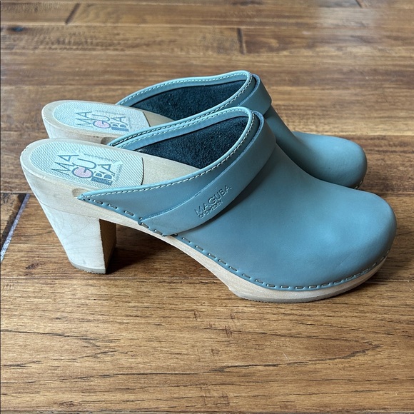 Maguba Stockholm Swedish Clogs Wooden Heel Dusty Teal Leather Size 38 / US 8 - Picture 1 of 12